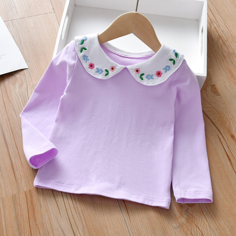 1-7-aastastele tüdrukutele mõeldud alussärk Mugav puuvillane laste pikkade varrukatega T-särk Tikitud lilledega Laste igapäevane vabaaja särk