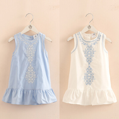 2024 Vară fierbinte 2 3 4 6 8 10 ani Scurtă Dantela Broderie Floral Bumbac Volant Tank Rochie Fără mâneci Copii Fete Rochie
