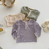 Beebitüdrukute pikkade varrukatega T-särk, väikelaste laste soonik pullover Korea stiilis särgid 2024. aasta kevad-sügis lasteriided