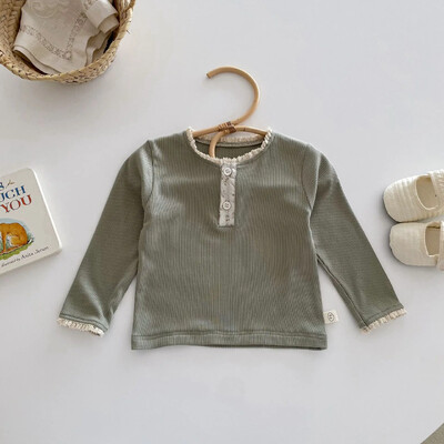 Beebitüdrukute pikkade varrukatega T-särk, väikelaste laste soonik pullover Korea stiilis särgid 2024. aasta kevad-sügis lasteriided