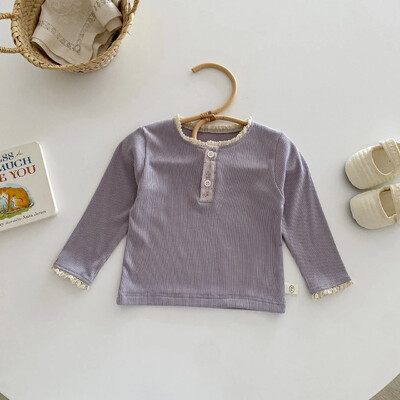 Beebitüdrukute pikkade varrukatega T-särk, väikelaste laste soonik pullover Korea stiilis särgid 2024. aasta kevad-sügis lasteriided