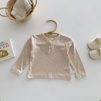 Beebitüdrukute pikkade varrukatega T-särk, väikelaste laste soonik pullover Korea stiilis särgid 2024. aasta kevad-sügis lasteriided