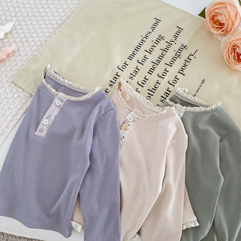 Beebitüdrukute pikkade varrukatega T-särk, väikelaste laste soonik pullover Korea stiilis särgid 2024. aasta kevad-sügis lasteriided