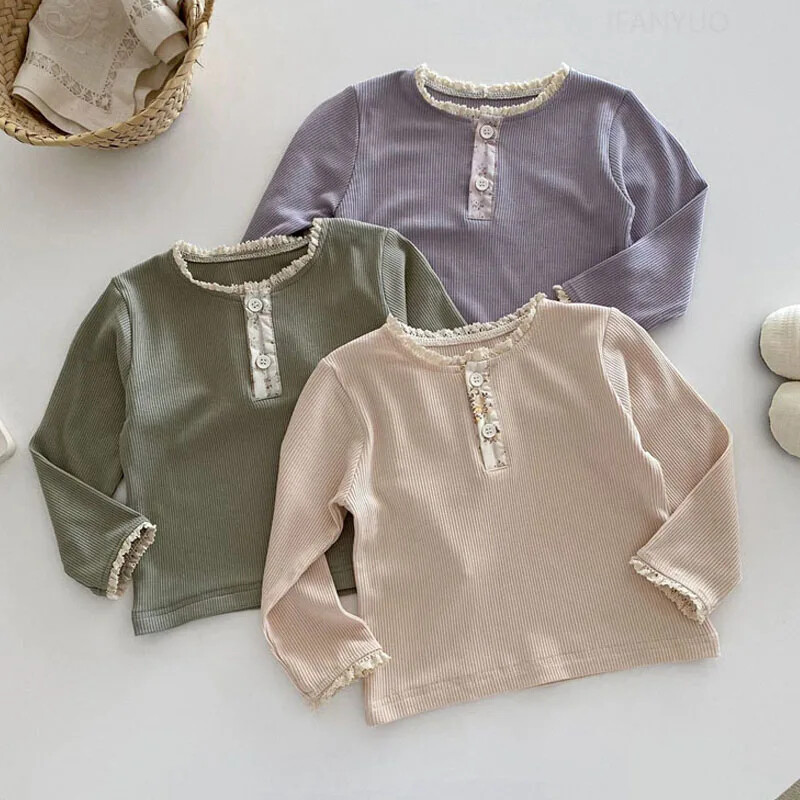 Tüdrukute laste lihtne alussärk 0-5-aastastele sügiskorea beebidele lilleline pikkade varrukatega mitmekülgne mood laste T-särgid imikute riided