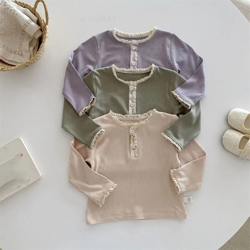Tüdrukute laste lihtne alussärk 0-5-aastastele sügiskorea beebidele lilleline pikkade varrukatega mitmekülgne mood laste T-särgid imikute riided