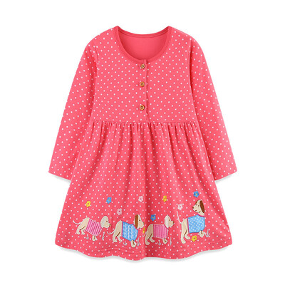 Hüppemeetrid 2-7T nööbid pikkade varrukatega tikandid Printsess tüdrukute kleidid loomad aplikatsioonid lasteriided peod lastele plätud