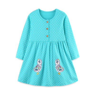 Hüppemeetrid 2-7T nööbid pikkade varrukatega tikandid Printsess tüdrukute kleidid loomad aplikatsioonid lasteriided peod lastele plätud