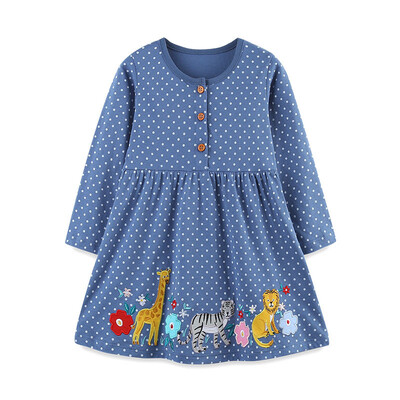 Hüppemeetrid 2-7T nööbid pikkade varrukatega tikandid Printsess tüdrukute kleidid loomad aplikatsioonid lasteriided peod lastele plätud