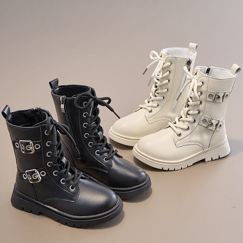 Claladoudou Fashion sääre keskosa saapad lastele tüdrukutele, mustad beežid nööriga lukuga Briti stiilis laste koolijalatsid, ühevärvilised nahast kingad