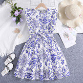 Suviste tüdrukute disainitud klassikaline vintage sinine retrotrükiga kleit Printsessi kleit Elegantne igapäevane vabaaja armas lillemustriga kleit