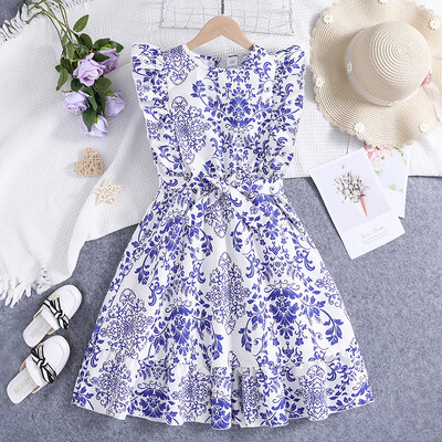 Suviste tüdrukute disainitud klassikaline vintage sinine retrotrükiga kleit Printsessi kleit Elegantne igapäevane vabaaja armas lillemustriga kleit