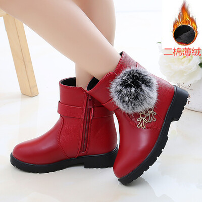 Ghete noi de iarnă pentru fete, minge de blană adevărată, piele PU, cizme de zăpadă pentru copii, pantofi caldi de pluș, pantofi pentru copii