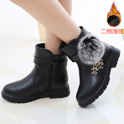 Ghete noi de iarnă pentru fete, minge de blană adevărată, piele PU, cizme de zăpadă pentru copii, pantofi caldi de pluș, pantofi pentru copii