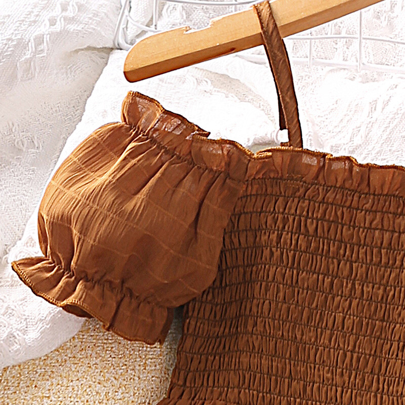 2023 rochie nouă pentru copii pentru fete 4-7 ani rochie maro cu bretele fără umăr cu mâneci scurte, stil casual, haine de vacanță de vacanță