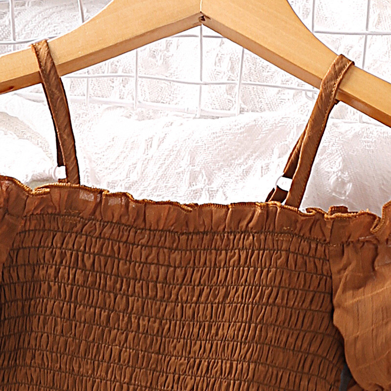 2023 rochie nouă pentru copii pentru fete 4-7 ani rochie maro cu bretele fără umăr cu mâneci scurte, stil casual, haine de vacanță de vacanță