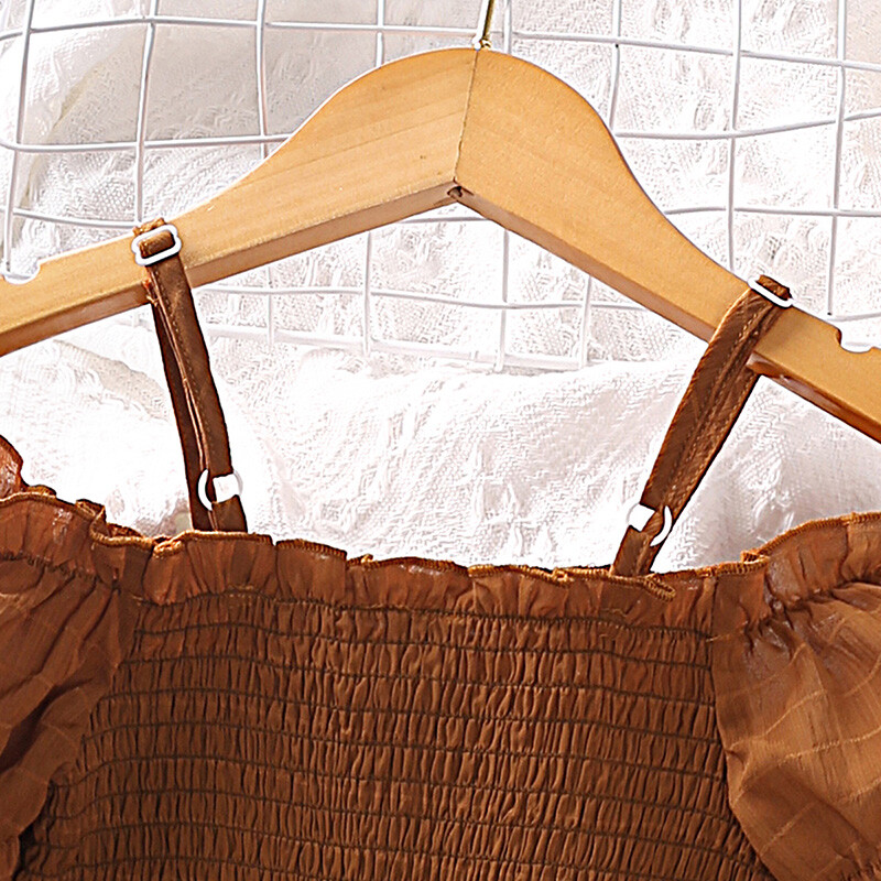 2023 rochie nouă pentru copii pentru fete 4-7 ani rochie maro cu bretele fără umăr cu mâneci scurte, stil casual, haine de vacanță de vacanță