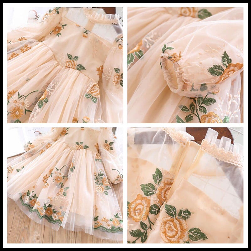 Väikeste tüdrukute sügisene Täisvarrukatega kleit lastele Peokleit Lastele vabaaja kleit Roosa lilledega tikanditega kleidid Printsessi kandmine Vestido
