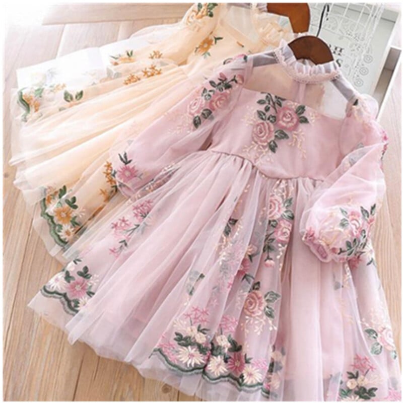 Väikeste tüdrukute sügisene Täisvarrukatega kleit lastele Peokleit Lastele vabaaja kleit Roosa lilledega tikanditega kleidid Printsessi kandmine Vestido