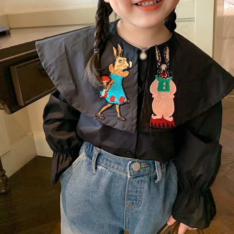 Četiri godišnja doba, dječja odjeća za djevojčice s vezom, košulja s velikim reverima, jesen, proljeće, bijela i crna košulja za korejske ležerne djevojke