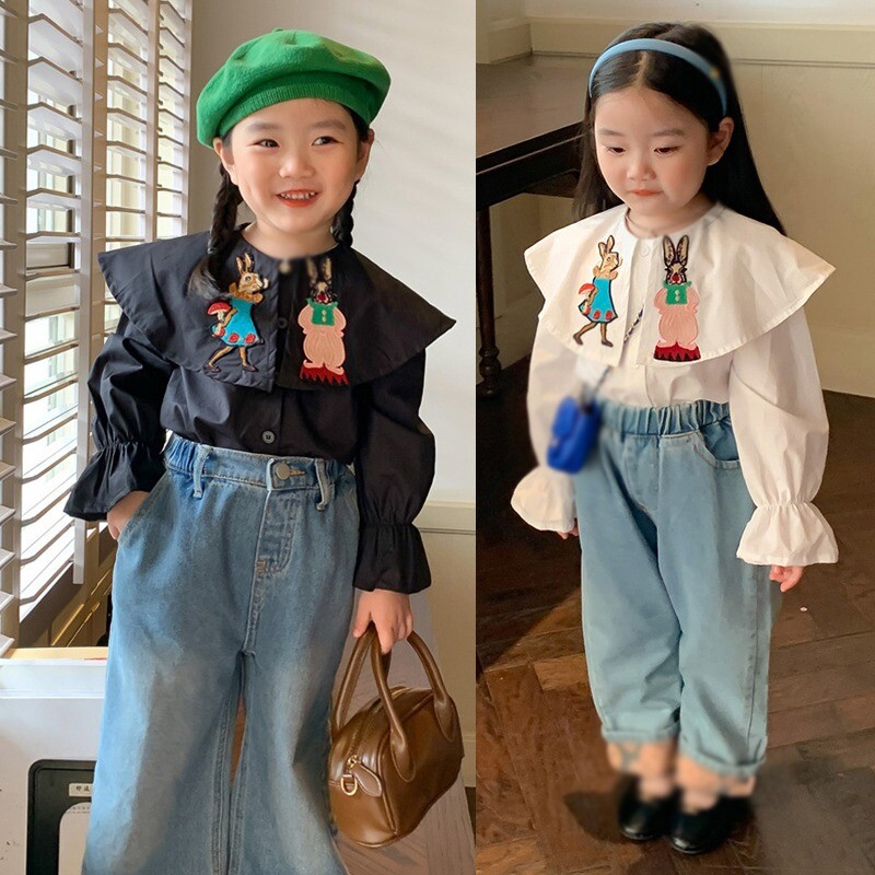 Četiri godišnja doba, dječja odjeća za djevojčice s vezom, košulja s velikim reverima, jesen, proljeće, bijela i crna košulja za korejske ležerne djevojke