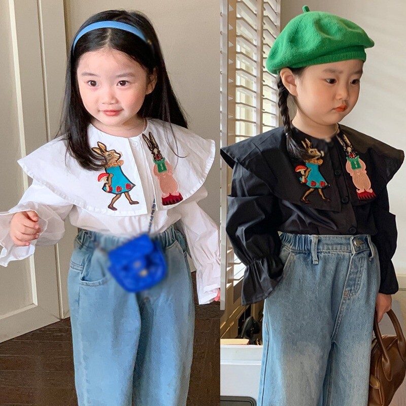 Četiri godišnja doba, dječja odjeća za djevojčice s vezom, košulja s velikim reverima, jesen, proljeće, bijela i crna košulja za korejske ležerne djevojke