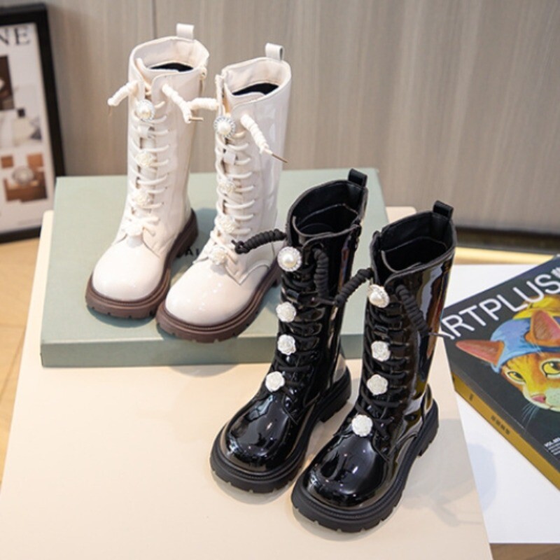 Cizme lungi pentru copii la modă pentru fete Cizme cavaler prințesă din piele lacuată cu flori de toamnă iarnă pantofi versatili pentru fete Ботинки