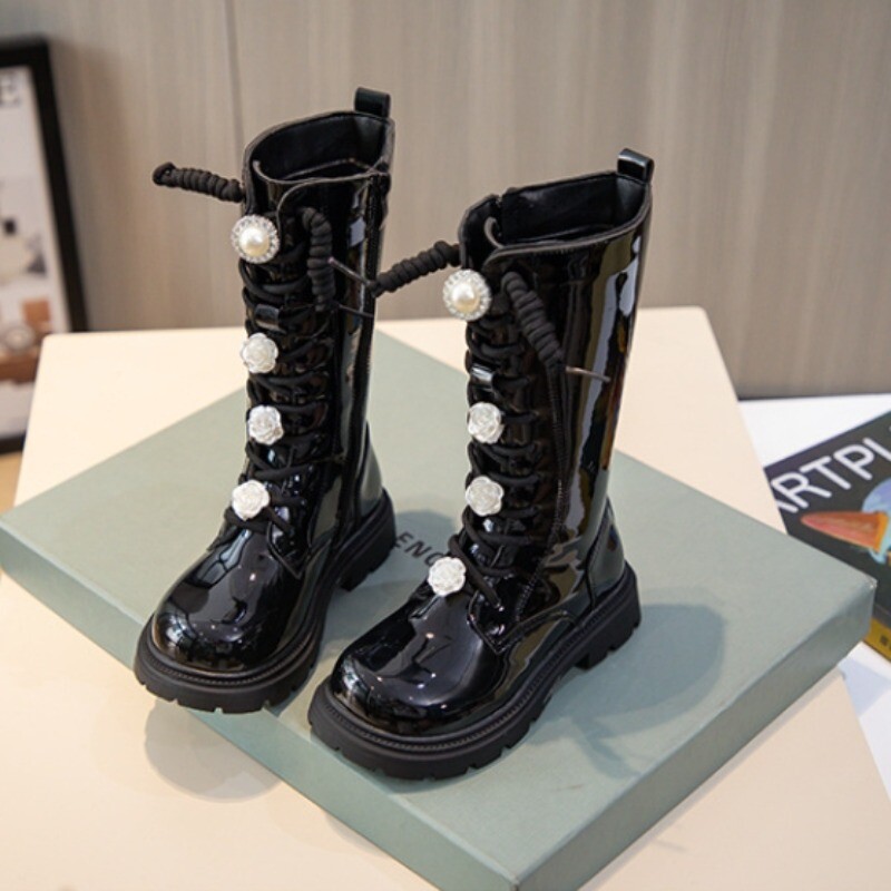 Cizme lungi pentru copii la modă pentru fete Cizme cavaler prințesă din piele lacuată cu flori de toamnă iarnă pantofi versatili pentru fete Ботинки