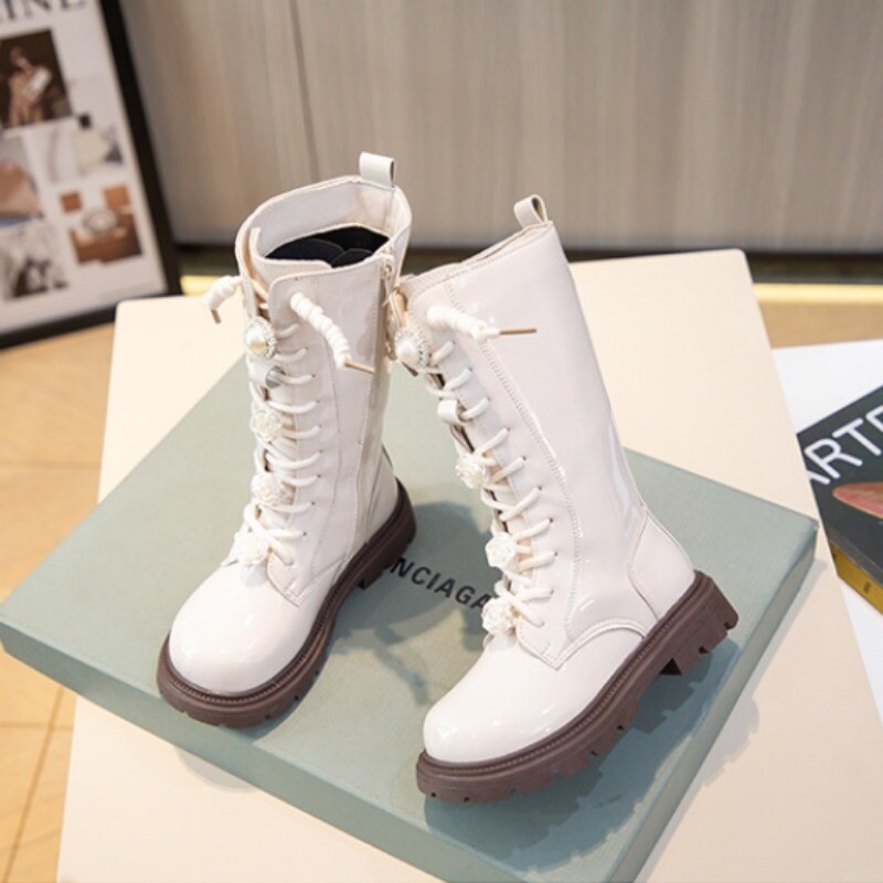 Cizme lungi pentru copii la modă pentru fete Cizme cavaler prințesă din piele lacuată cu flori de toamnă iarnă pantofi versatili pentru fete Ботинки