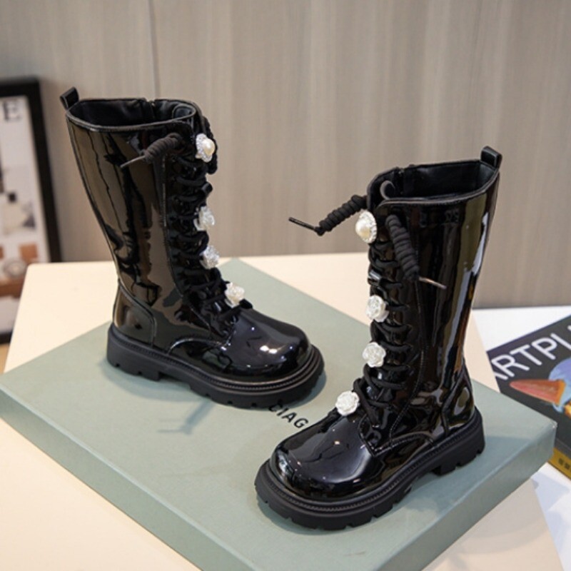 Cizme lungi pentru copii la modă pentru fete Cizme cavaler prințesă din piele lacuată cu flori de toamnă iarnă pantofi versatili pentru fete Ботинки