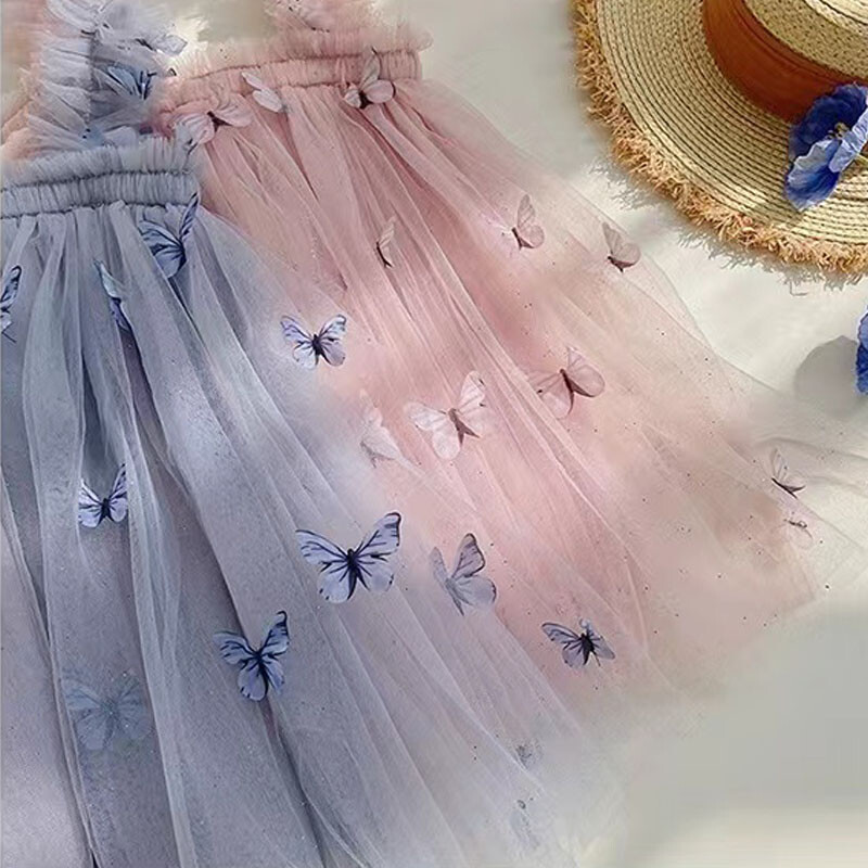 Lastele mõeldud võrgust pitsist armas kleit, liblikas varrukateta kleit, väikelapse suvine printsessi kleit, roosa, väike tüdruk, lasteriided