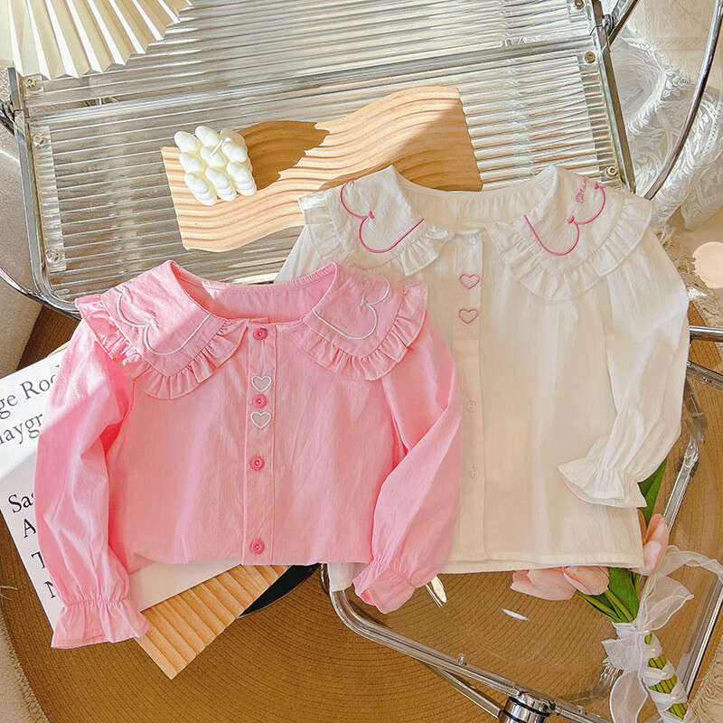 Beebitüdrukute pluusid, valged roosad särgid, väikelaste nukk-kraega topid 2024 kevad-sügis Korea stiilis lasteriided