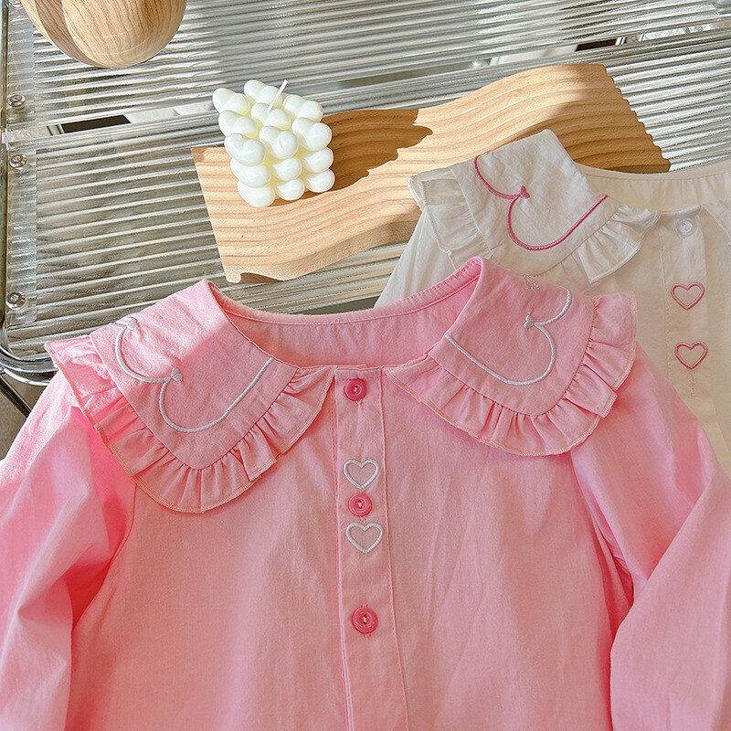 Beebitüdrukute pluusid, valged roosad särgid, väikelaste nukk-kraega topid 2024 kevad-sügis Korea stiilis lasteriided