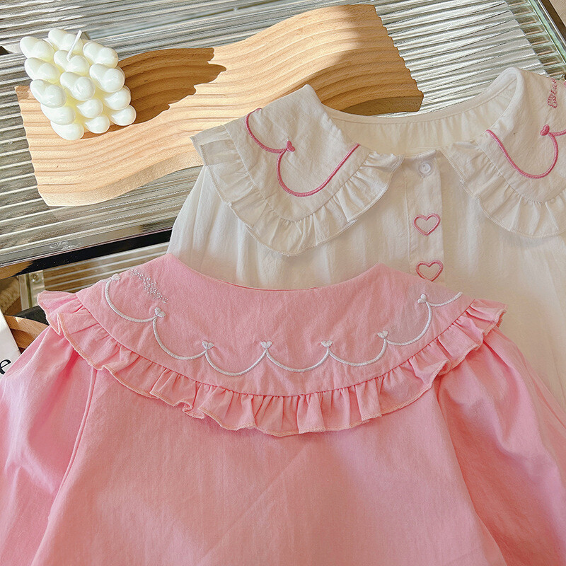 Beebitüdrukute pluusid, valged roosad särgid, väikelaste nukk-kraega topid 2024 kevad-sügis Korea stiilis lasteriided