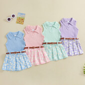1–5-aastase väikelapse tüdruku suveriietus ühevärviline, soonikuga varrukateta topid Daisy Print Plisseeritud seelik koos vööga 2 tk riidekomplekt