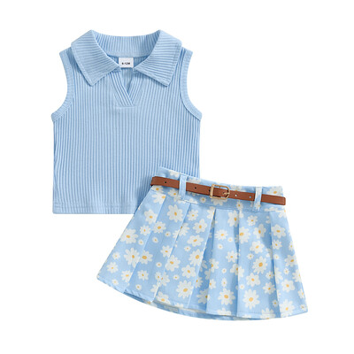 1–5-aastase väikelapse tüdruku suveriietus ühevärviline, soonikuga varrukateta topid Daisy Print Plisseeritud seelik koos vööga 2 tk riidekomplekt
