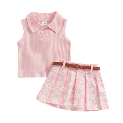 1–5-aastase väikelapse tüdruku suveriietus ühevärviline, soonikuga varrukateta topid Daisy Print Plisseeritud seelik koos vööga 2 tk riidekomplekt