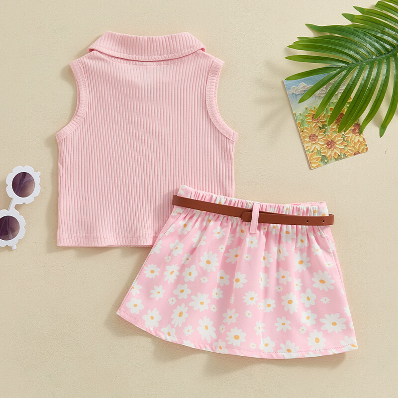 1–5-aastase väikelapse tüdruku suveriietus ühevärviline, soonikuga varrukateta topid Daisy Print Plisseeritud seelik koos vööga 2 tk riidekomplekt