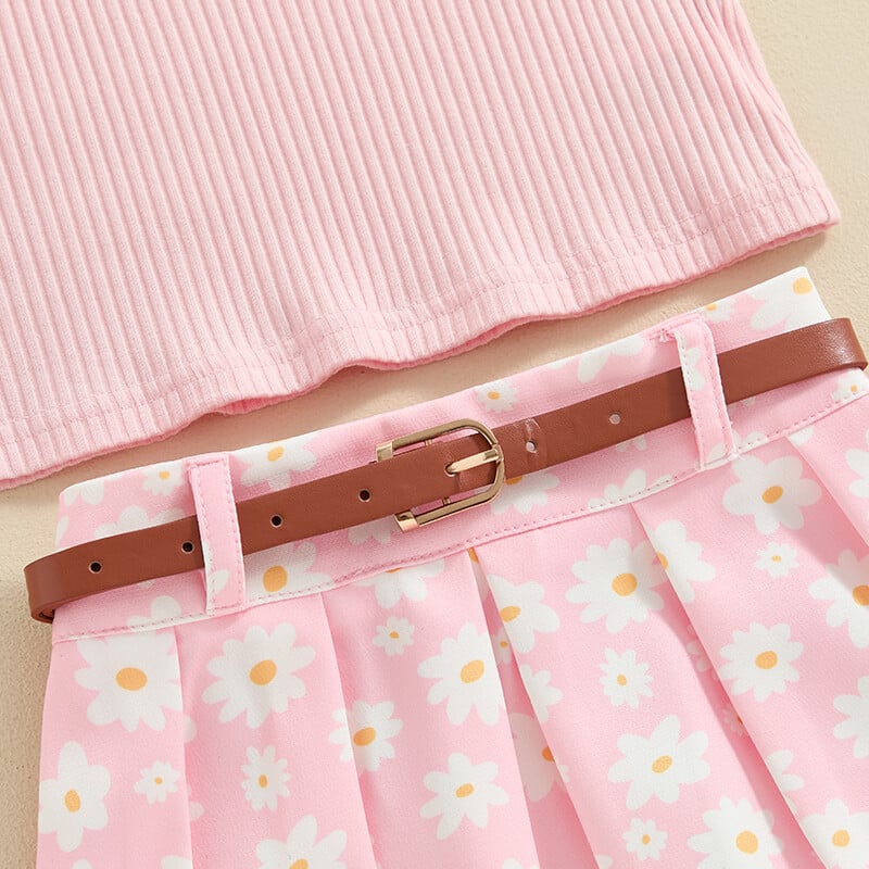 1–5-aastase väikelapse tüdruku suveriietus ühevärviline, soonikuga varrukateta topid Daisy Print Plisseeritud seelik koos vööga 2 tk riidekomplekt