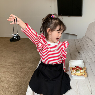 2-8T imiku volangidega Tüdrukute T-särk Väikelapsele Beebi Tüdrukutele Riided Sügisene triibuline ülaosa pikkade varrukatega Moodne laste T-särk