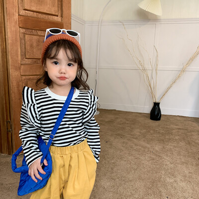 2-8T imiku volangidega Tüdrukute T-särk Väikelapsele Beebi Tüdrukutele Riided Sügisene triibuline ülaosa pikkade varrukatega Moodne laste T-särk