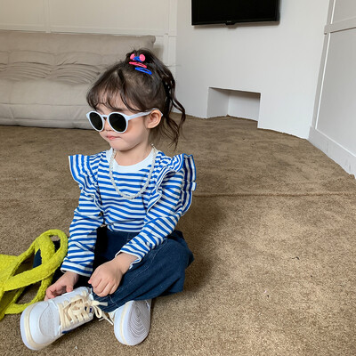 2-8T imiku volangidega Tüdrukute T-särk Väikelapsele Beebi Tüdrukutele Riided Sügisene triibuline ülaosa pikkade varrukatega Moodne laste T-särk