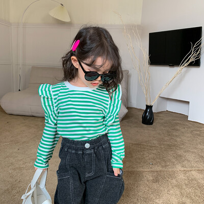 2-8T imiku volangidega Tüdrukute T-särk Väikelapsele Beebi Tüdrukutele Riided Sügisene triibuline ülaosa pikkade varrukatega Moodne laste T-särk