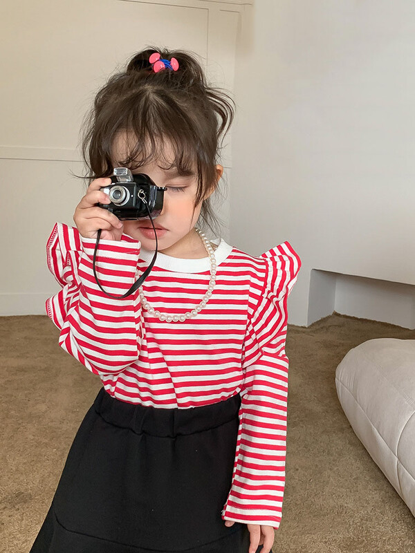 2-8T imiku volangidega Tüdrukute T-särk Väikelapsele Beebi Tüdrukutele Riided Sügisene triibuline ülaosa pikkade varrukatega Moodne laste T-särk