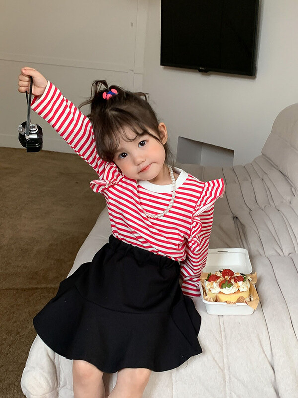 2-8T imiku volangidega Tüdrukute T-särk Väikelapsele Beebi Tüdrukutele Riided Sügisene triibuline ülaosa pikkade varrukatega Moodne laste T-särk