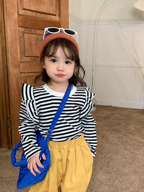 2-8T imiku volangidega Tüdrukute T-särk Väikelapsele Beebi Tüdrukutele Riided Sügisene triibuline ülaosa pikkade varrukatega Moodne laste T-särk