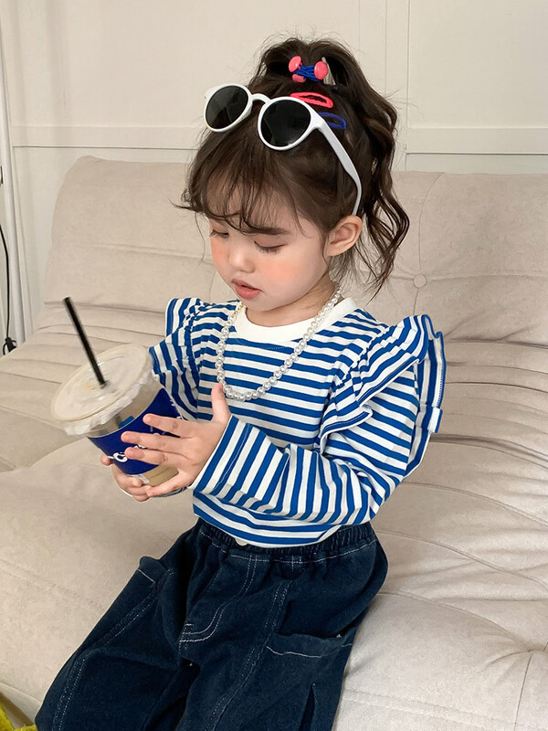 2-8T imiku volangidega Tüdrukute T-särk Väikelapsele Beebi Tüdrukutele Riided Sügisene triibuline ülaosa pikkade varrukatega Moodne laste T-särk