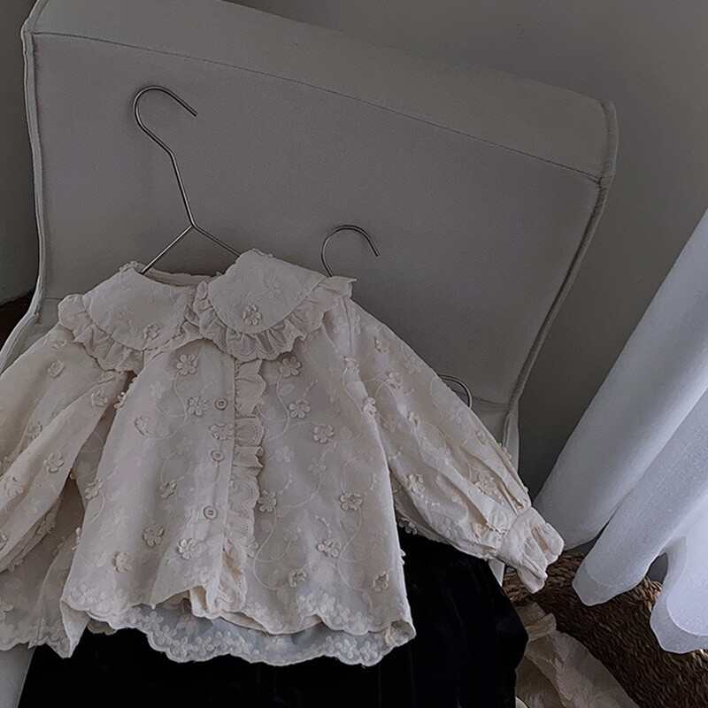 Sweet Petal Collar Tüdrukute pitsist särk pikkade varrukatega väikelapse pluus vabaaja tüdrukute tikandid pikkade varrukatega jakid laste topid 2-8 a.