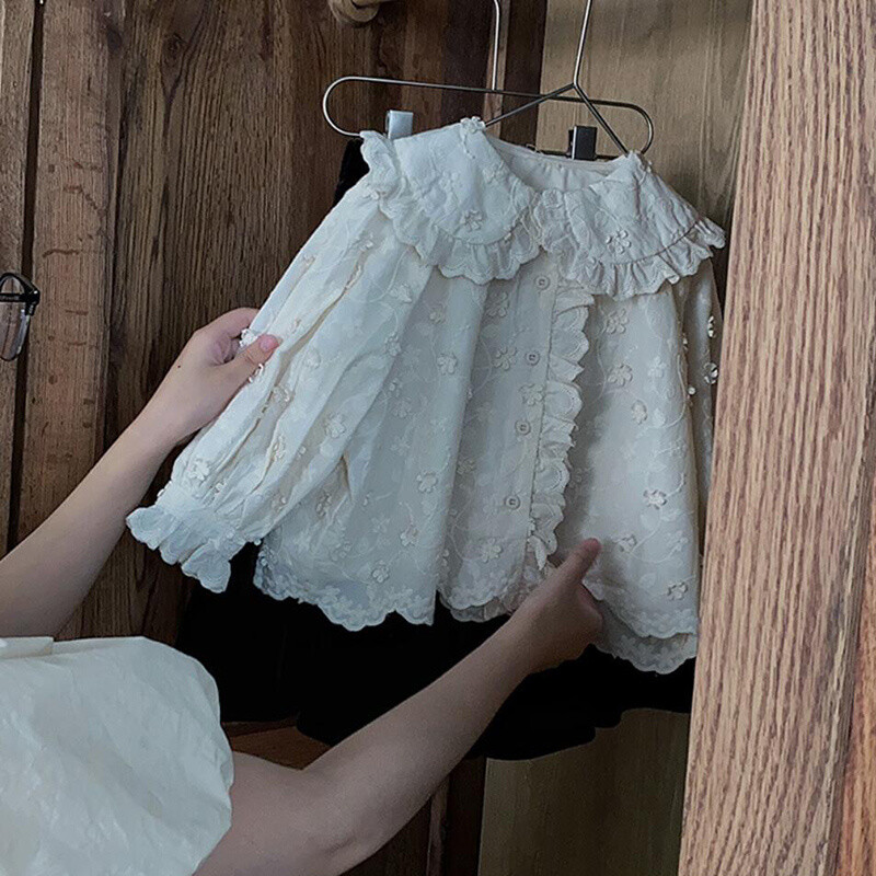 Sweet Petal Collar Tüdrukute pitsist särk pikkade varrukatega väikelapse pluus vabaaja tüdrukute tikandid pikkade varrukatega jakid laste topid 2-8 a.