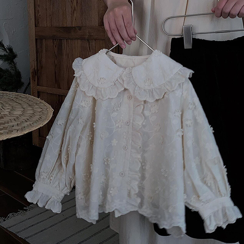 Sweet Petal Collar Tüdrukute pitsist särk pikkade varrukatega väikelapse pluus vabaaja tüdrukute tikandid pikkade varrukatega jakid laste topid 2-8 a.