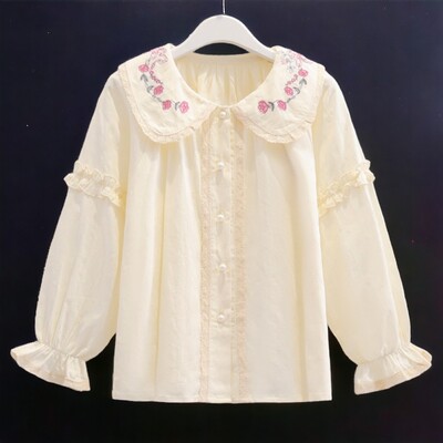 Vaikiški mokykliniai marškiniai mergaitėms Biege Palaidinės raukiniai Pavasaris Ruduo ilgomis rankovėmis Vaikiški rūbai paaugliams 6 8 10 11 12 13 m.